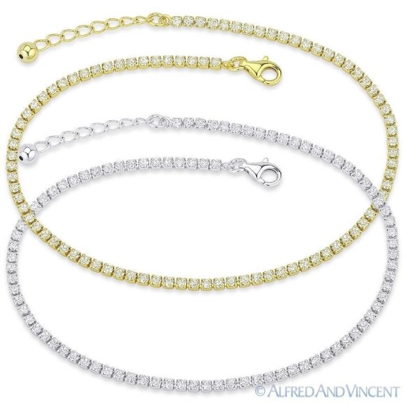 2.3mm Round Cut CZ Crystal Tennis Anklet in .925 Sterling Silver w/ Rhodium - Picture 1 of 1